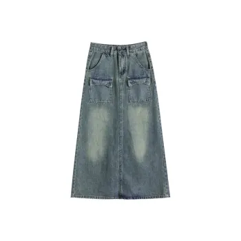 FAWENXIANGZI Denim Long Skirt Women's Nostalgic Blue
