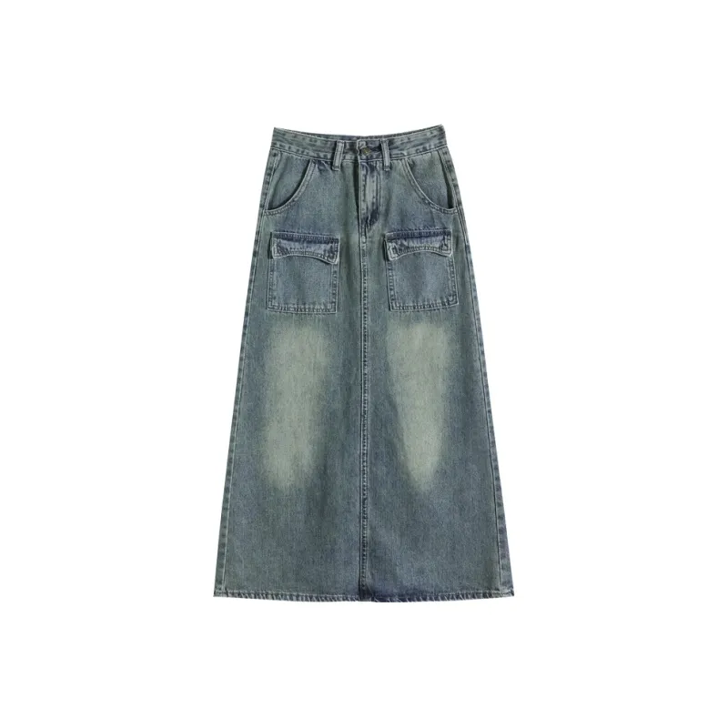FAWENXIANGZI Denim Long Skirt Women's Nostalgic Blue-0