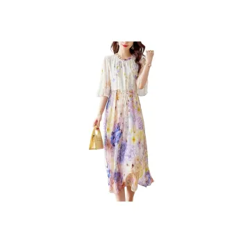 Yi Mengyuan Lace Up Silk Short Sleeved Dress Women's Yellow