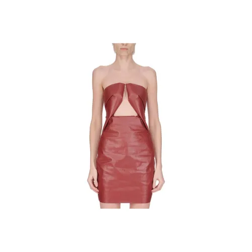 RICK OWENS/RO Prong Mini In Cardinal Red Coated Stretch Denim Sleeveless Dress Women's Red