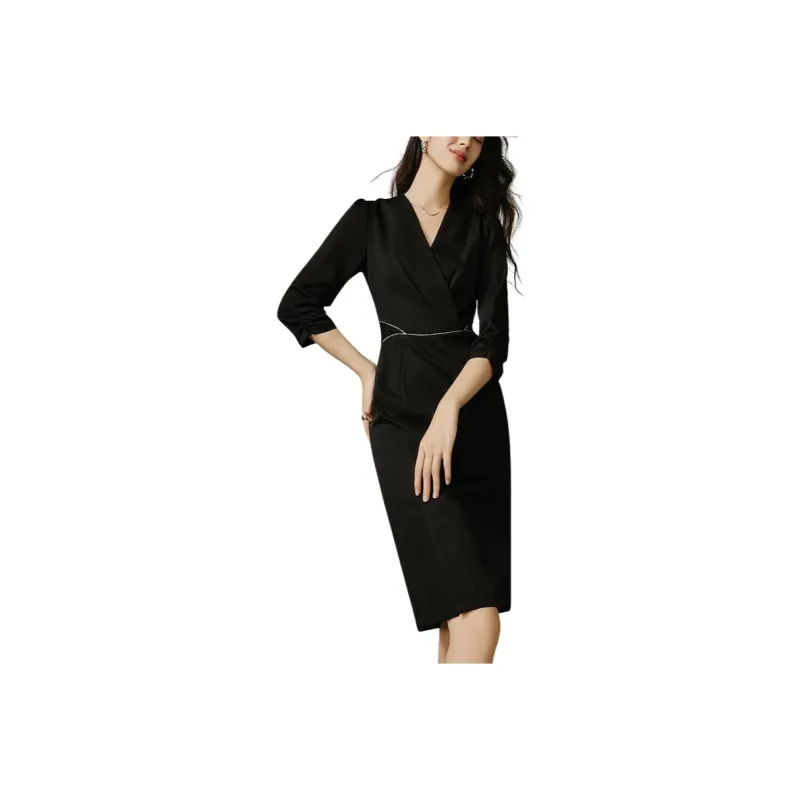 Late White Long Sleeved Dresses Women's Black-0