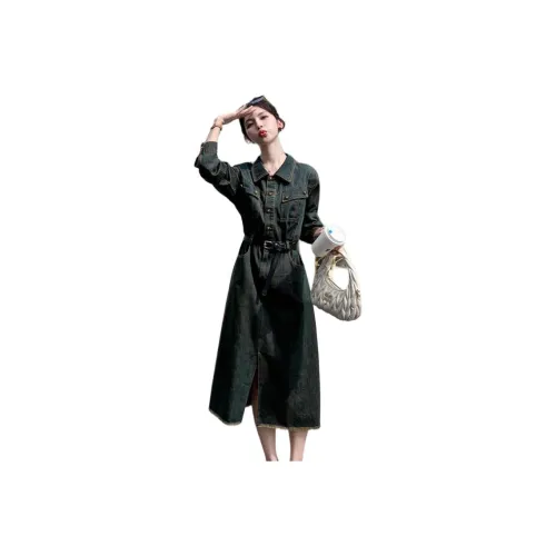 Aoaifu Long-Sleeved Dresses Women's Army Green