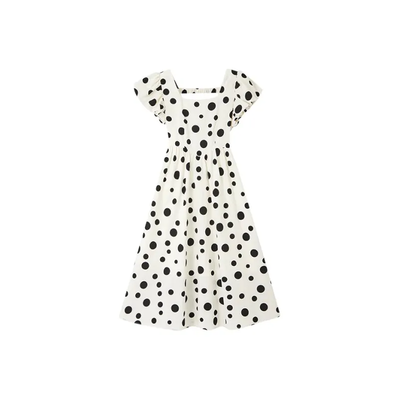 HDFULERN Short Sleeved Dresses Women's Beige Polka Dot-0