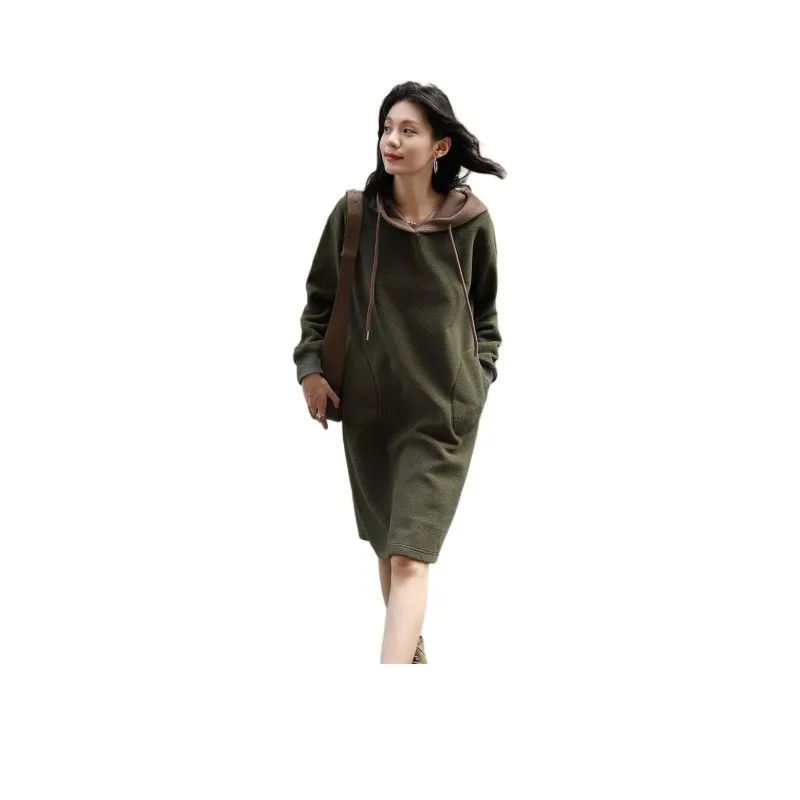 【dme】 Long Sleeved Dress Women's Olive Green-0
