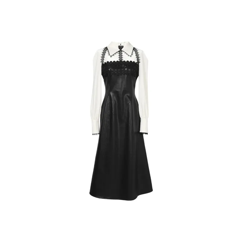 Duffy Fashion Long-Sleeved Dresses Women's Black White Color Blocking-0