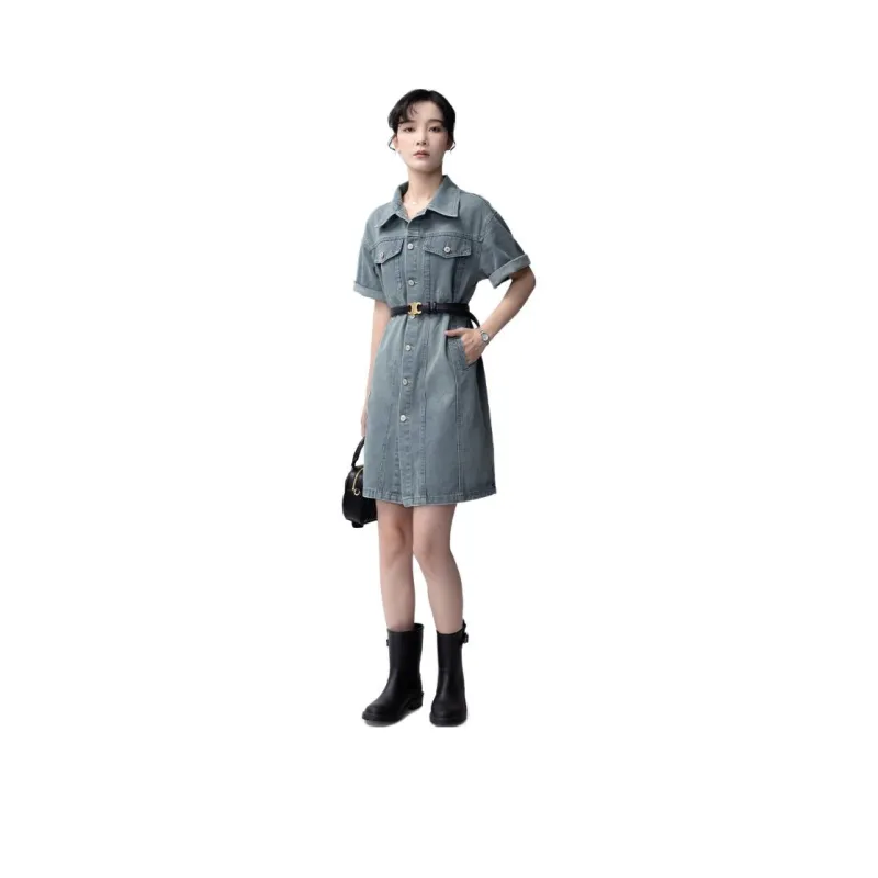 Gui'er Short-Sleeved Dresses Women's Vintage Blue-0