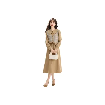 SMEN Long Sleeved Dresses Women's Khaki