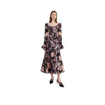 DPLAY Long Sleeved Dress Women's Gardenia Flower Shadow