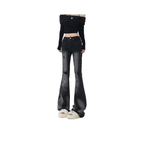 BENGEN Laisha Ripped Bootcut Jeans Design Women's Black
