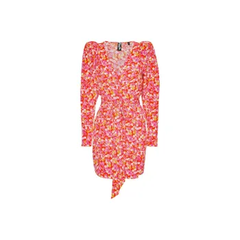 Rotate Jacquard Flower Printed Mini Wrap Dress