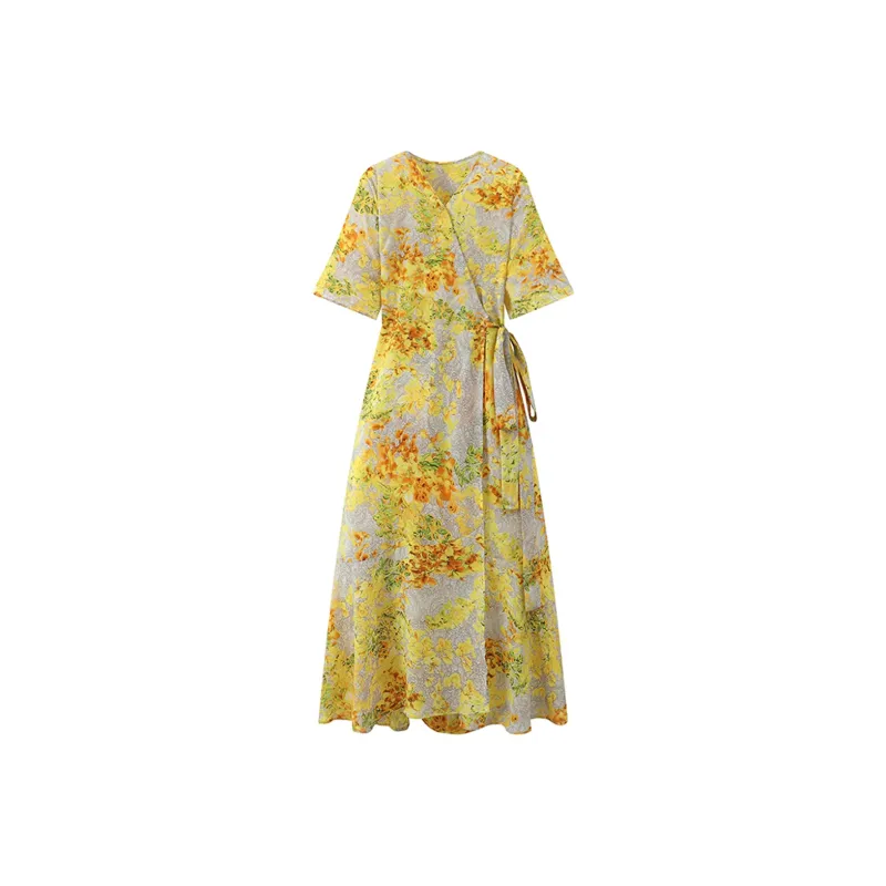 Adeworn Short Sleeved Dress Women's Yellow-0