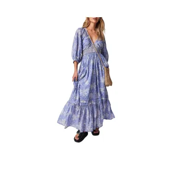 FREE PEOPLE Golden Hour Maxi Dress Long-Sleeved Dresses Women's Blue Violet Combo