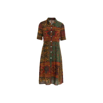 QIAOWANNI Short Sleeved Dress Women's Patchwork Oil Painting Flower
