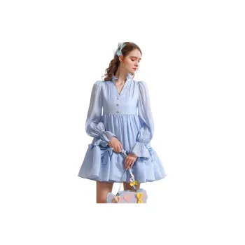 CHECOCRE Long-Sleeved Dresses Women's Light Blue