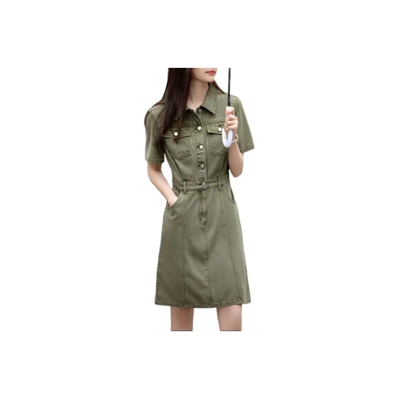 Mo Han Yi Mei Short Sleeved Dress Women's Vintage Green-0