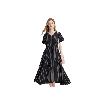 TOUCH Short Sleeved Dresses Women's Black Background With White Stripes
