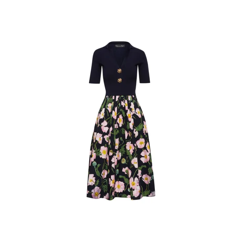 OSCAR DE LA RENTA Painted Poppies-print V-neck Midi Dress-0
