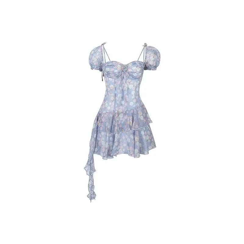 Qiuerle Short Sleeved Dress Women's Blue-0