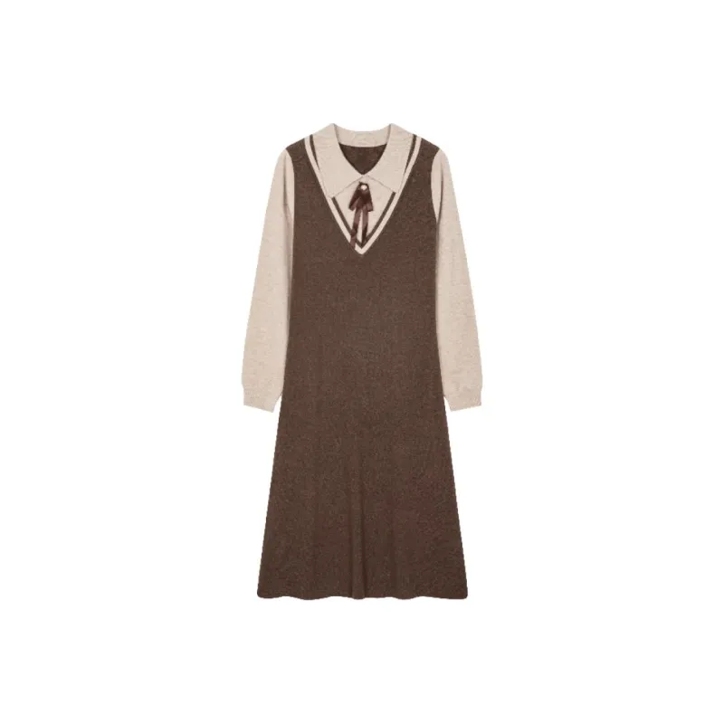 Mo Han Yi Mei Long Sleeved Dresses Women's Coffee & Beige-0