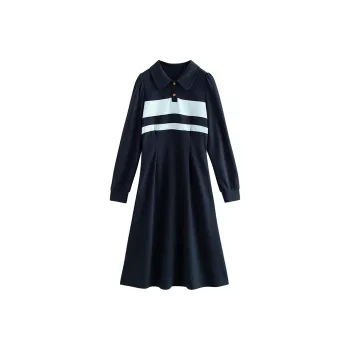 Initial Language Long Sleeved Dresses Women's Navy Blue