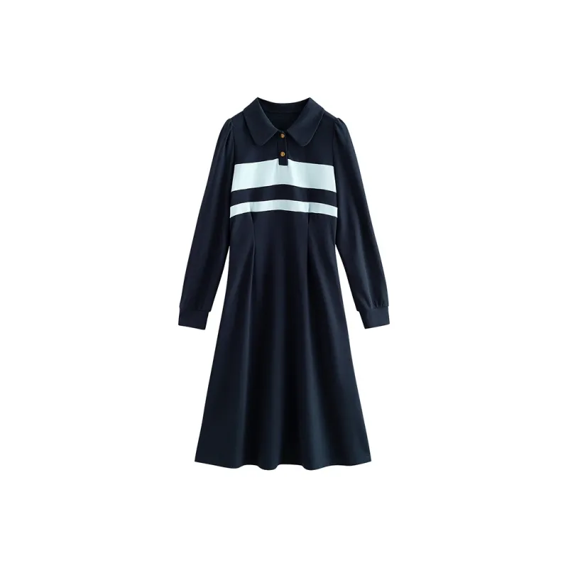 Initial Language Long Sleeved Dresses Women's Navy Blue-0