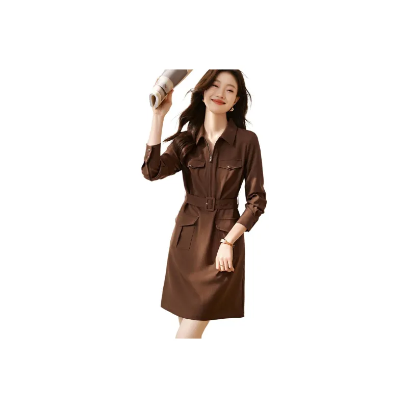 Mo Han Yi Mei Long-Sleeved Dresses Women's Brick Reddish-Brown-0