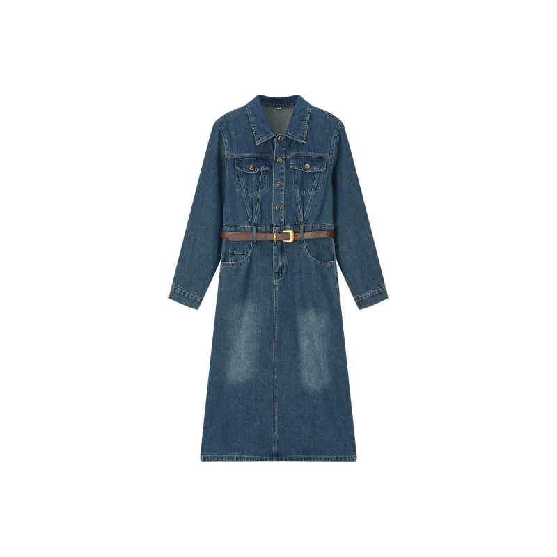 VIMLY Long Sleeved Dresses Women's Dark Denim Blue-0
