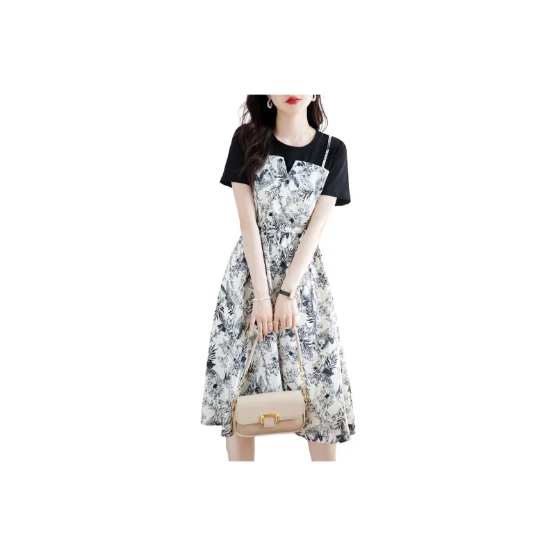Still Quiet Short Sleeved Dresses Women's Black Beige-0