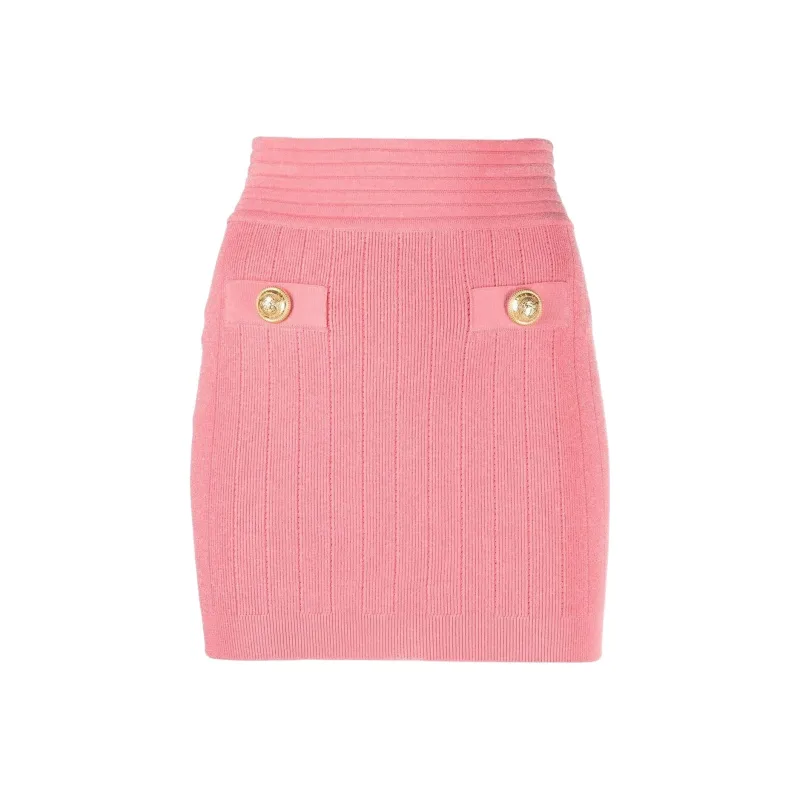 BALMAIN Two Button Short Knitted Skirt 'Salmon Pink'-0