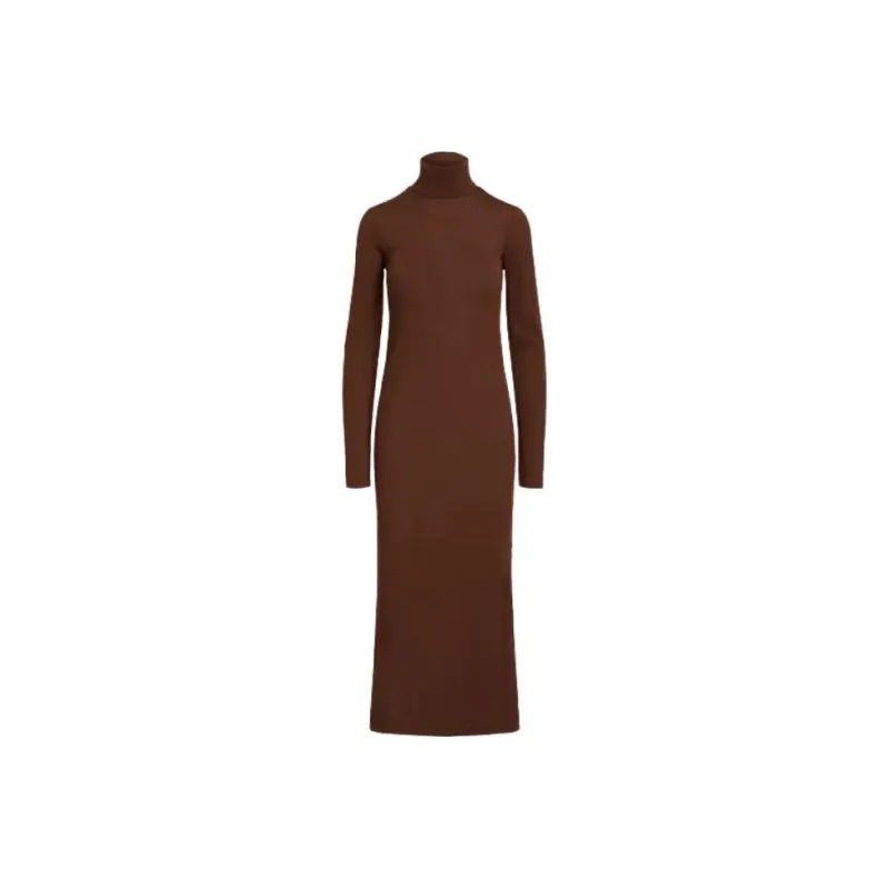 Polo Ralph Lauren FW23 Wool Blend Jersey Turtleneck Midi Dress Long Sleeved Dress Women's Umber-0