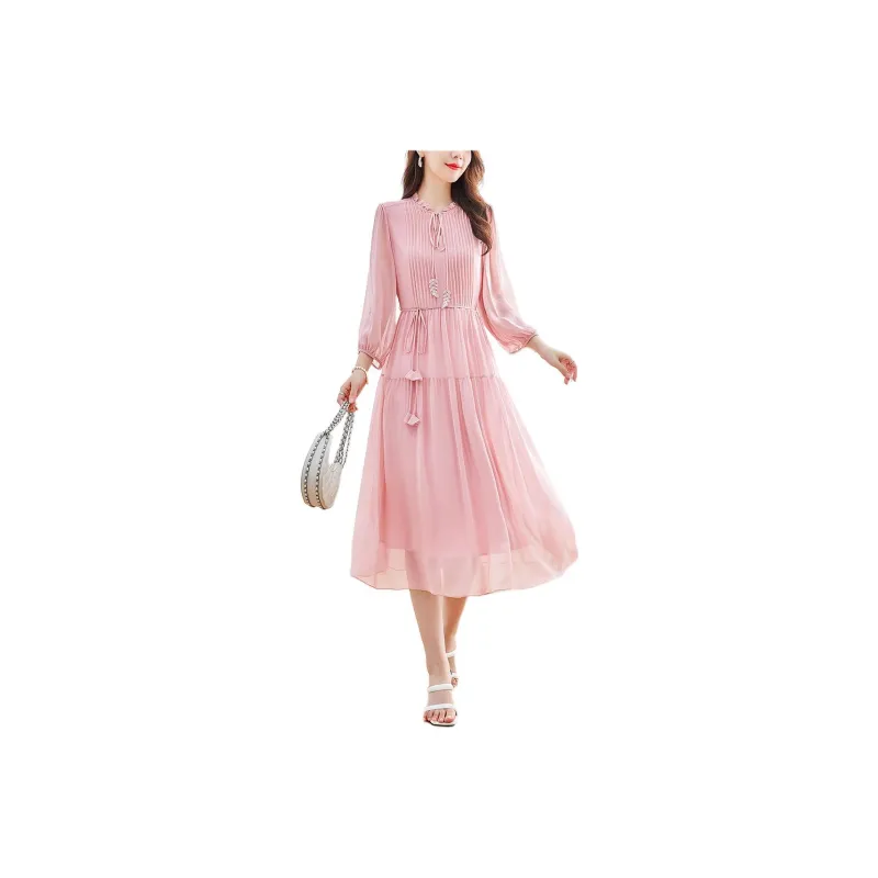 Yi Mengyuan Lace Up Silk Short Sleeved Dress Women's-5