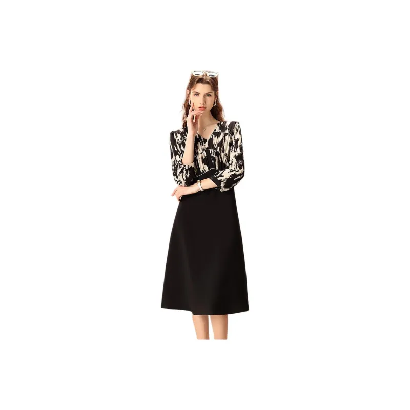 FENHONGMALI Long Sleeved Dresses Women's Black Floral-0