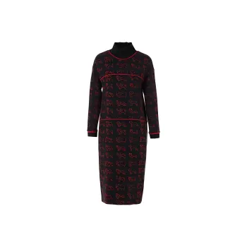 QIAOWANNI Long Sleeved Dresses Women's Hydrangea Dog Red Black