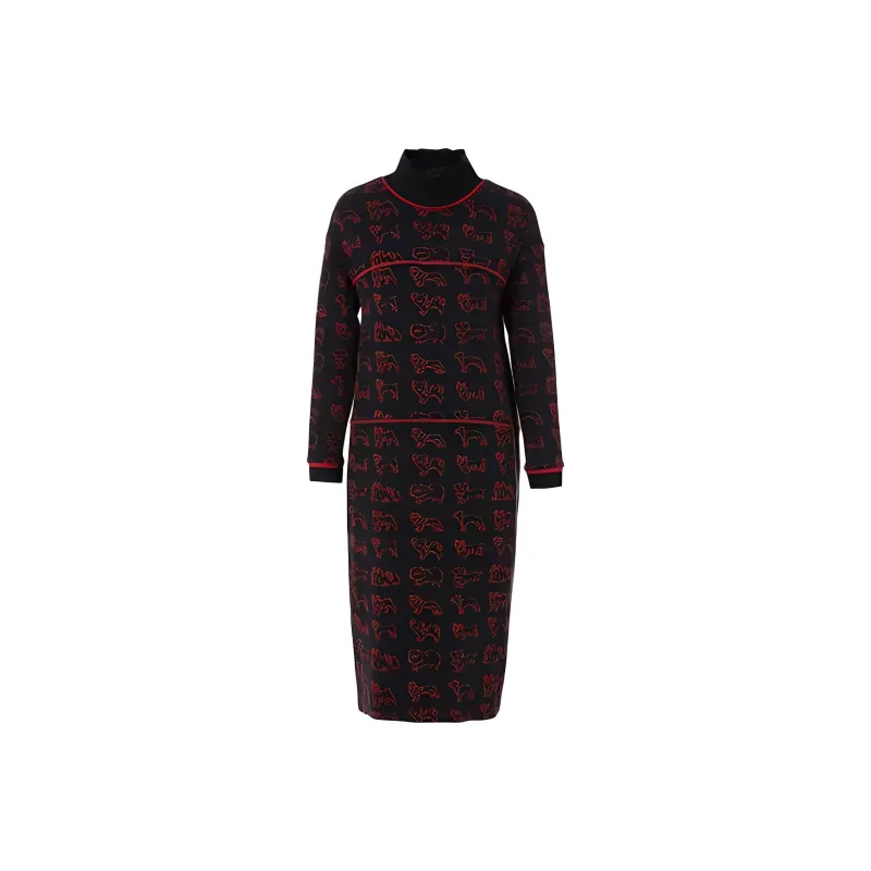 QIAOWANNI Long Sleeved Dresses Women's Hydrangea Dog Red Black-0