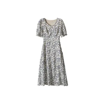 HUULOB Short Sleeved Dresses Women's White Base With Orchid Floral