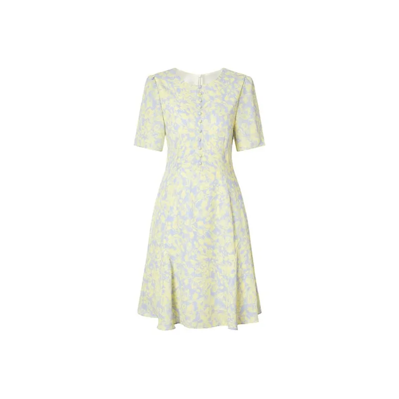 JZ Juzui Short Sleeved Dress Women's Light Pattern Yellow-0