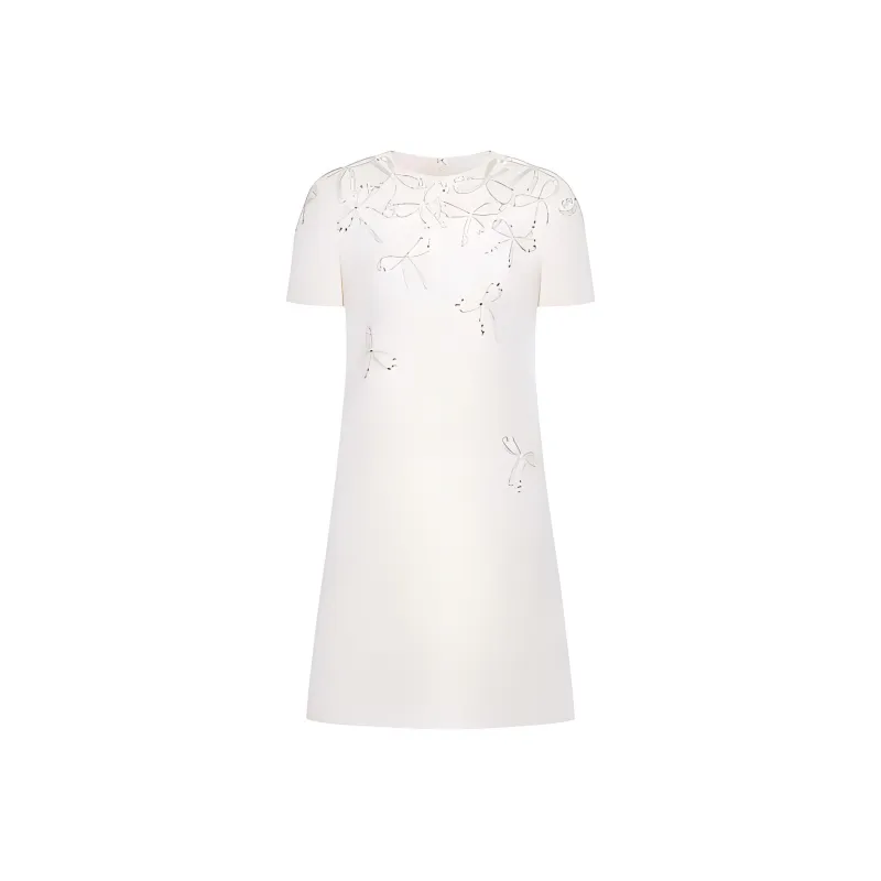 Valentino SS24 Embroidered Crepe Couture Short Dress Short Sleeved Dress Women's Ivory-0