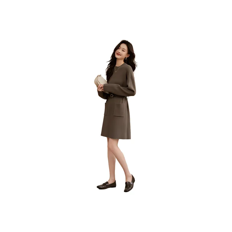 Mo Han Yi Mei Long Sleeved Dress Women's Coffee-0