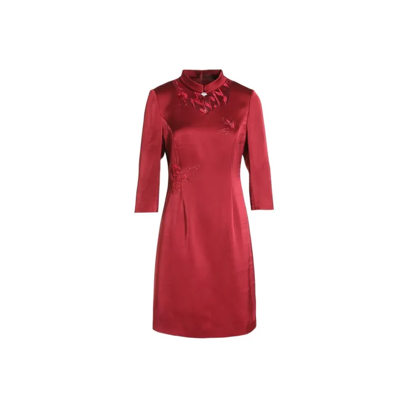 QIAOWANNI Long-Sleeved Dresses Women's Plum Paste Red-0