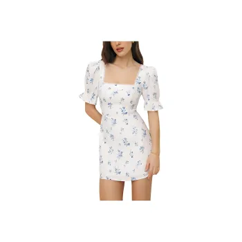 REFORMATION Evianna Linen Dress Short Sleeved Dress Women's White Blue