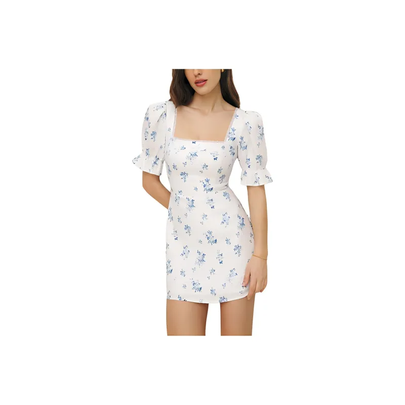 REFORMATION Evianna Linen Dress Short Sleeved Dress Women's White Blue-0