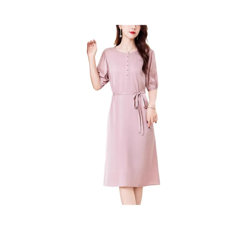 Yi Mengyuan Lace Up Silk Short Sleeved Dress Women's-12