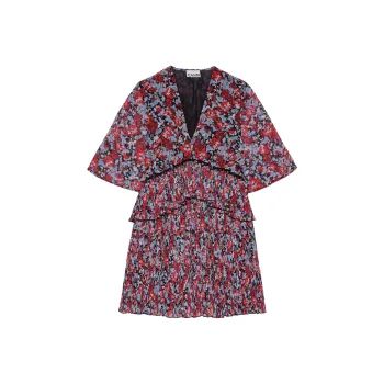 GANNI Red Pleated Georgette V-Neck Smock Mini Dress Short-Sleeved Dresses Women's Red