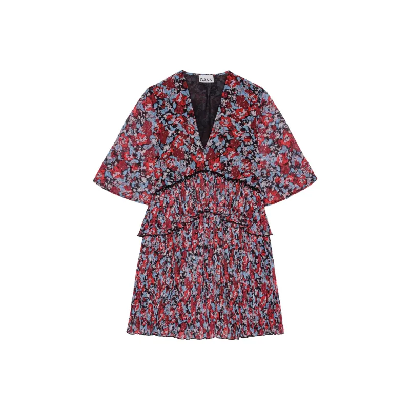 GANNI Red Pleated Georgette V-Neck Smock Mini Dress Short-Sleeved Dresses Women's Red-0