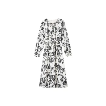 VIMLY Long Sleeved Dresses Women's White Base With Black Floral Pattern