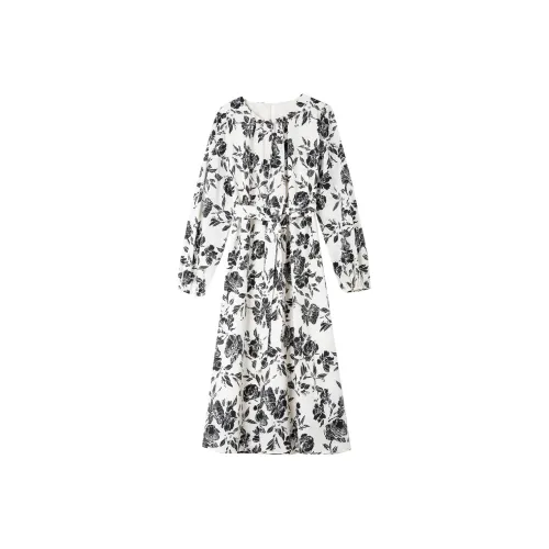 VIMLY Long-Sleeved Dresses Women's White Base With Black Floral Pattern