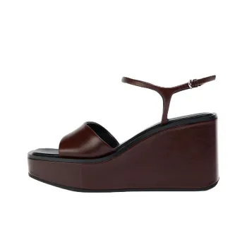 ZARA LEATHER PLATFORM WEDGES One Strap Sandals 9cm Women's Brown