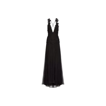 Valentino Embroidered Crepe Couture Long Dress Sleeveless Dress Women's Black