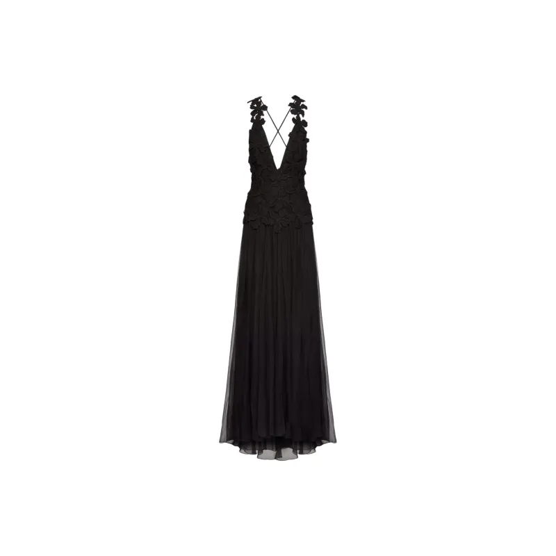 Valentino Embroidered Crepe Couture Long Dress Sleeveless Dress Women's Black-0