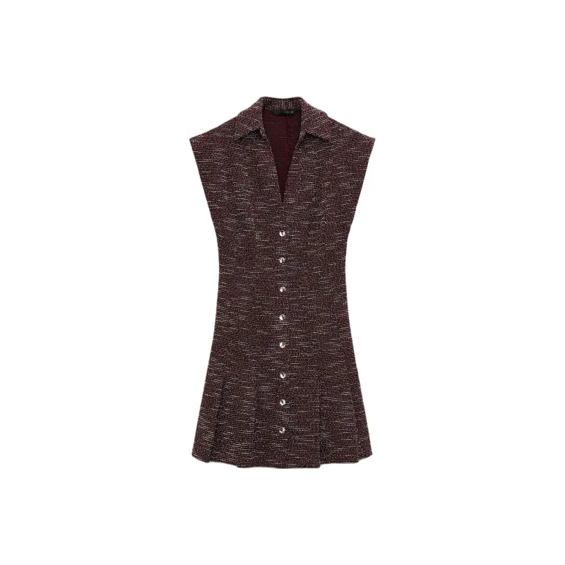ZARA Short Sleeved Dress Women's Dark Red Color-0